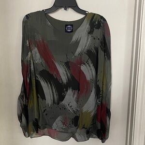 Women's Olive Green Abstract Brushstroke Long-Sleeve Blouse